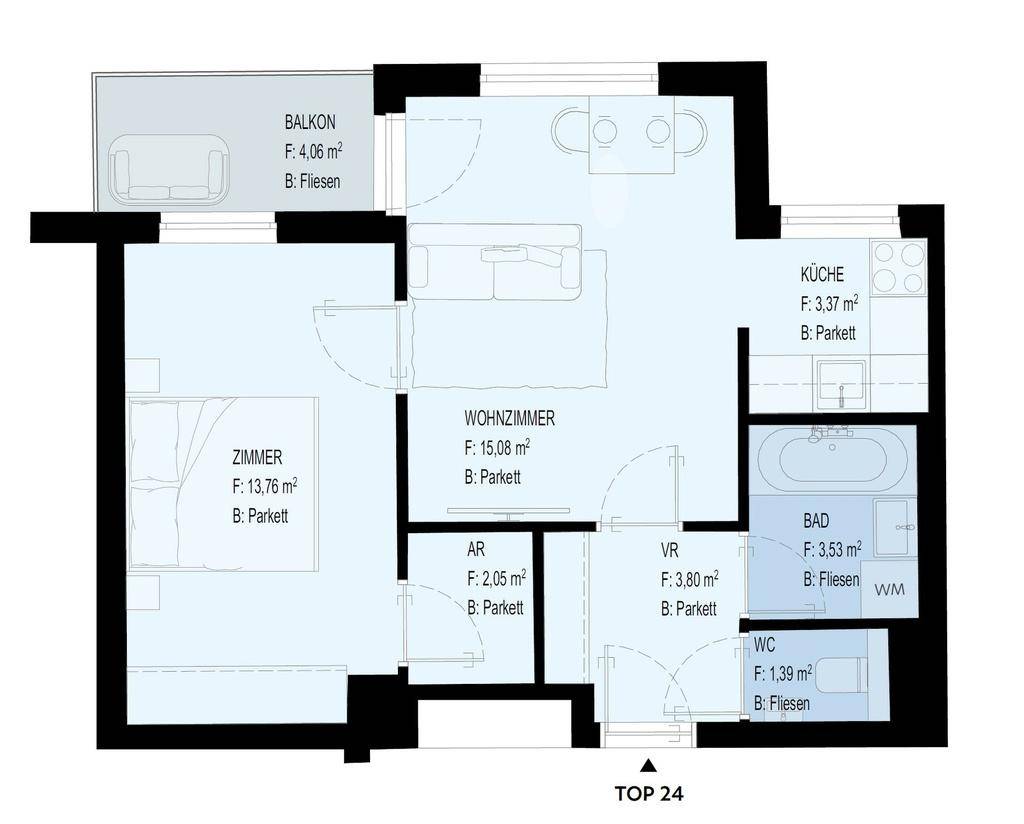Detaillierter Grundriss einer Wohnung mit Balkon, Wohnzimmer, Schlafzimmer und separater Küche.