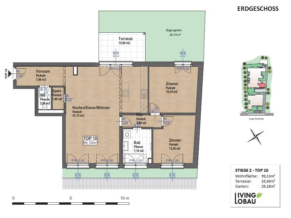 Grundriss des Erdgeschosses mit offener Küche, Wohnbereich, zwei Zimmern und Terrasse.
