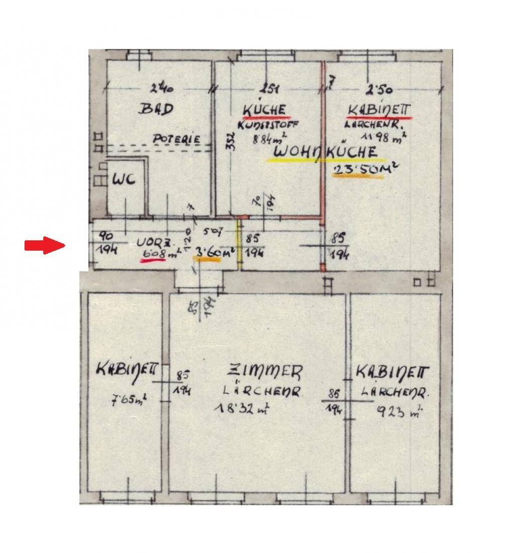 Handgezeichneter Grundriss der Wohnung mit verschiedenen Räumen und Flächenangaben.