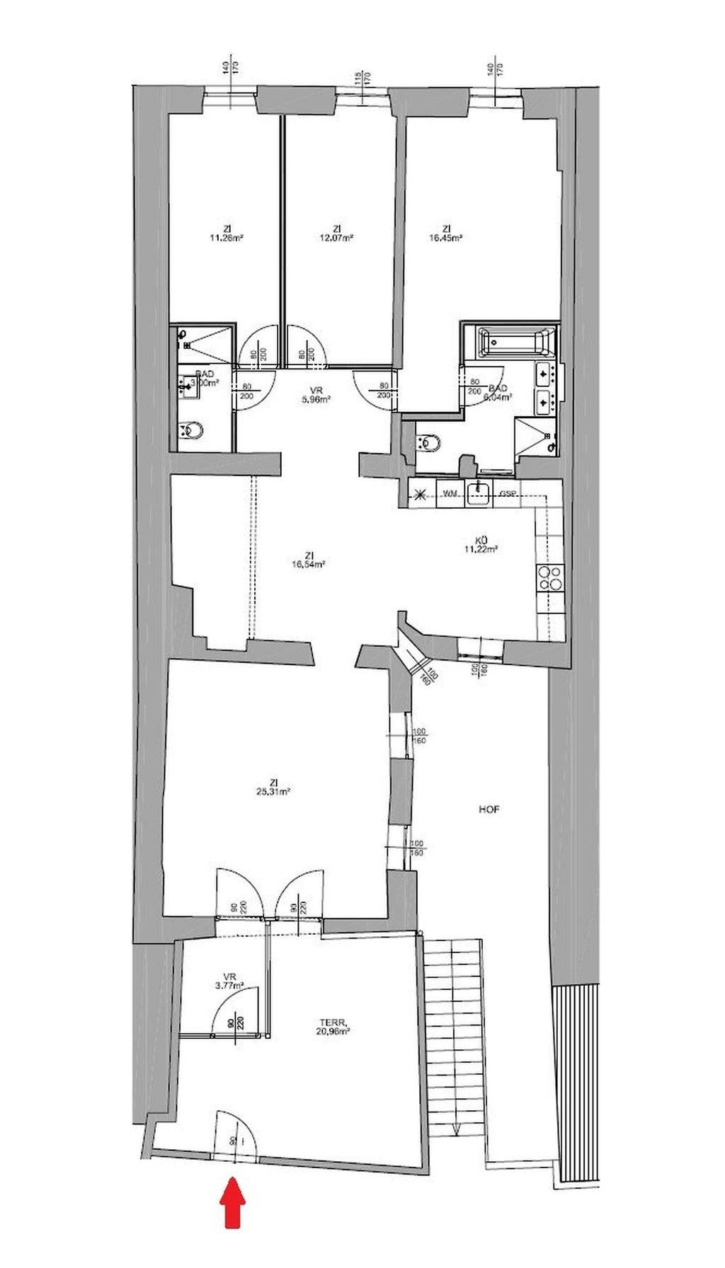 Detaillierter Grundriss der Wohnung mit mehreren Zimmern, Terrasse und Treppenhaus.