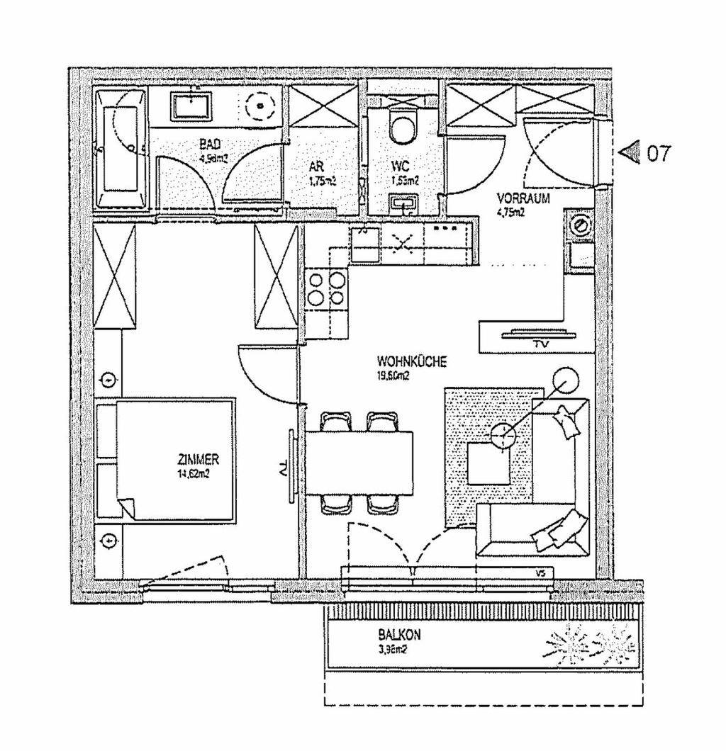 Detaillierter Grundriss einer Wohnung mit Wohnküche, Schlafzimmer, Bad und Balkon.