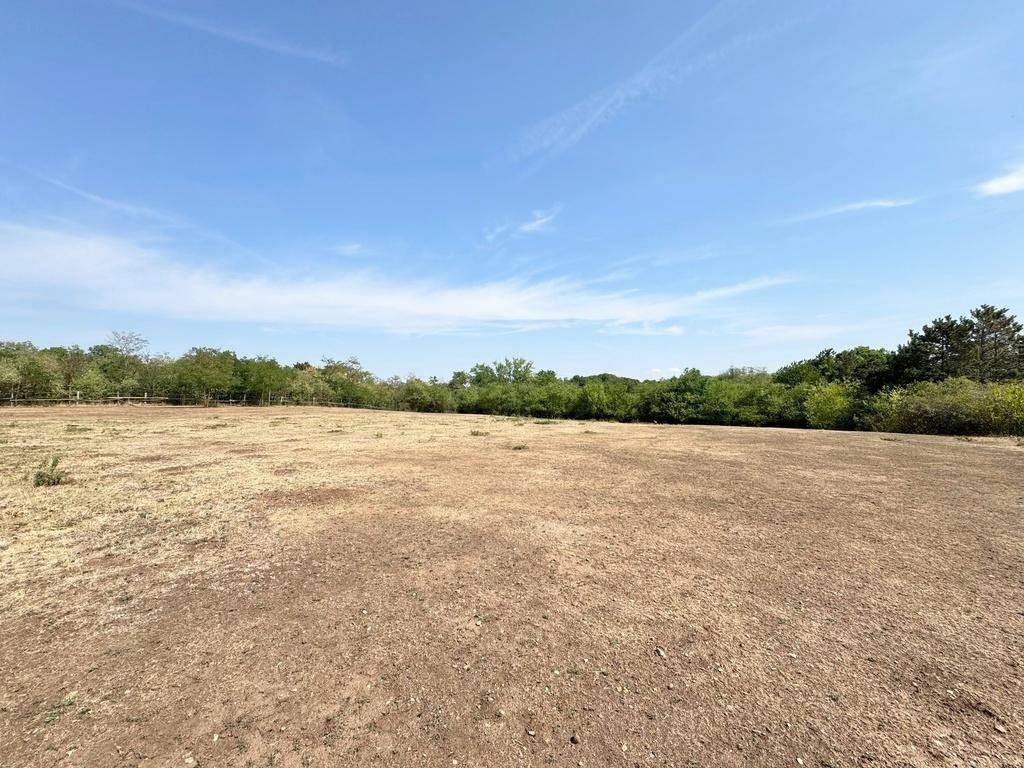 Weitläufiges, trockenes Feld mit spärlicher Vegetation und Bäumen am Horizont unter klarem Himmel.