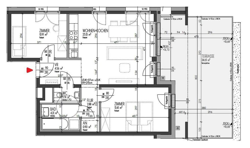 Detaillierter Grundriss einer Wohnung mit offener Wohnküche, Schlafzimmern und großer Terrasse.