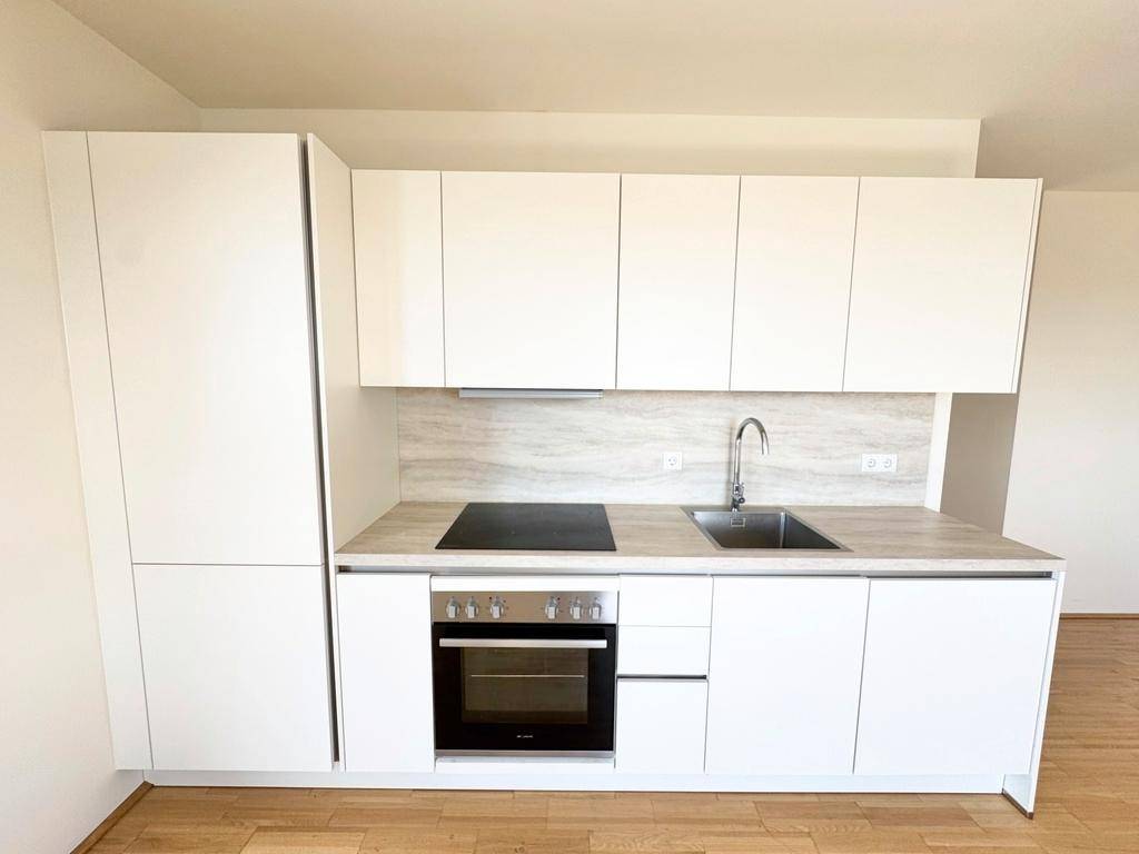 Moderne Einbauküche mit weißen Fronten, Induktionskochfeld, Backofen und Spülbecken.