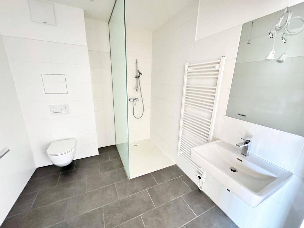 Modernes Badezimmer mit dunklen Fliesen, begehbarer Dusche, wandhängendem WC und Handtuchheizkörper.