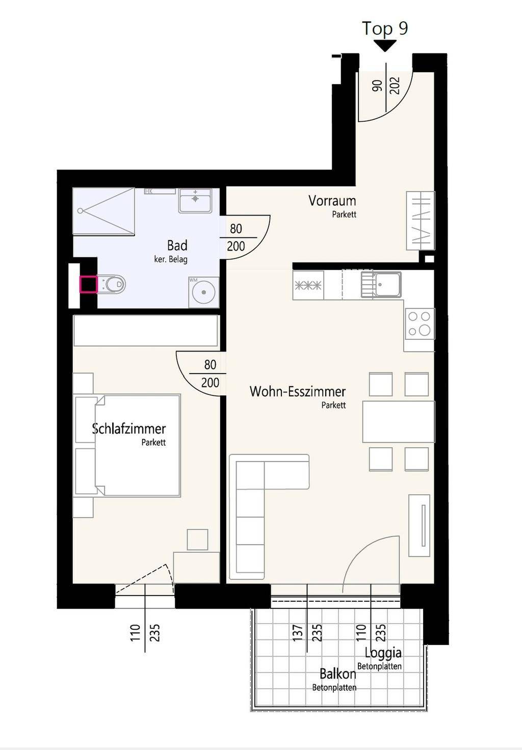 Grundriss einer Wohnung mit Wohn-Esszimmer, Schlafzimmer, Bad und Loggia, Gesamtfläche 50m².