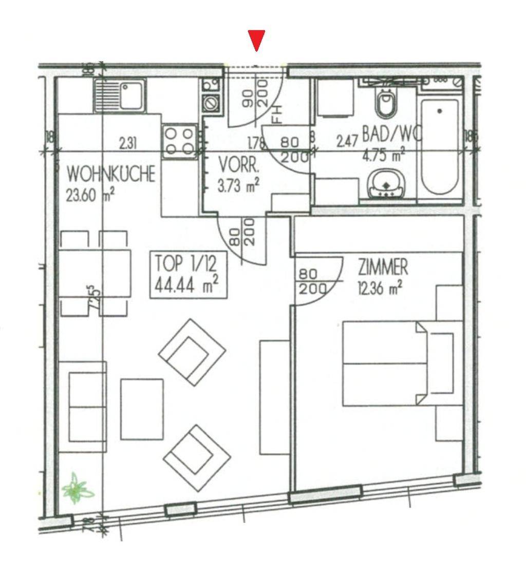 Grundriss einer Wohnung mit Wohnküche, Zimmer und Bad/WC, zeigt die Raumaufteilung.