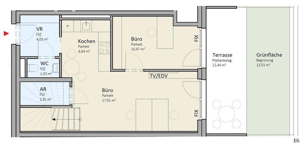Grundriss des Erdgeschosses mit Küche, zwei Büros, WC, Terrasse und Grünfläche.