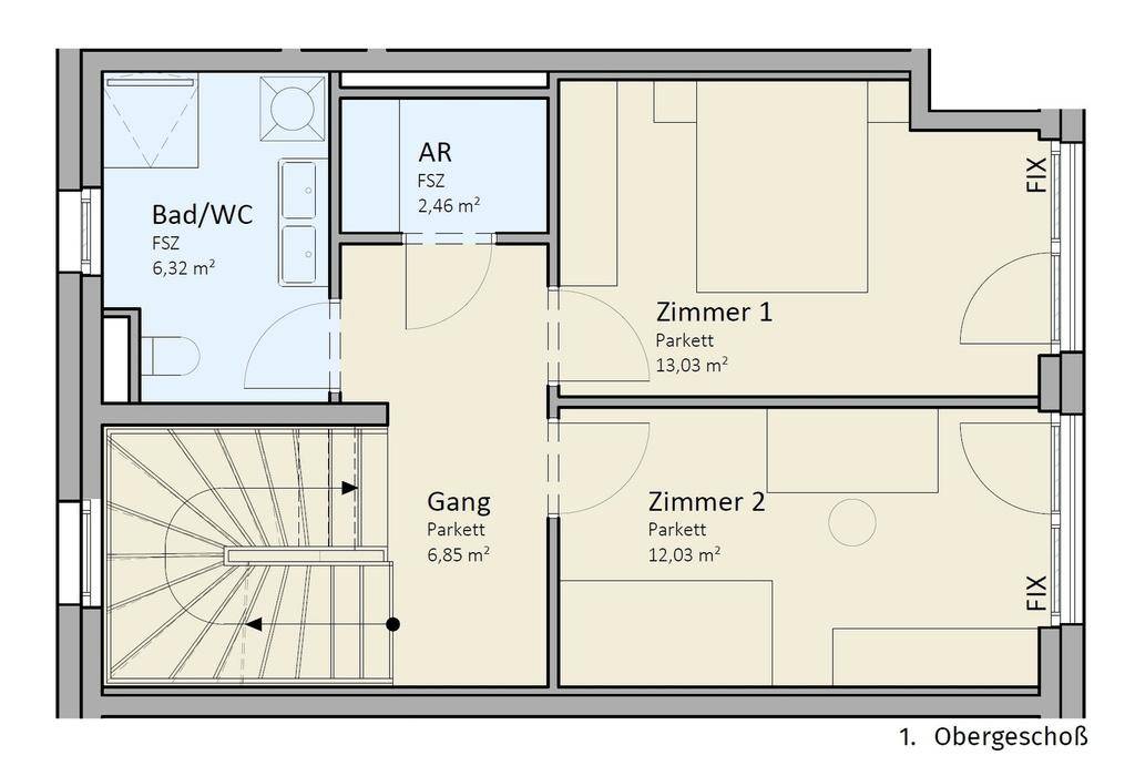 Grundriss des ersten Obergeschosses mit Bad/WC, zwei Zimmern und einem Flur.