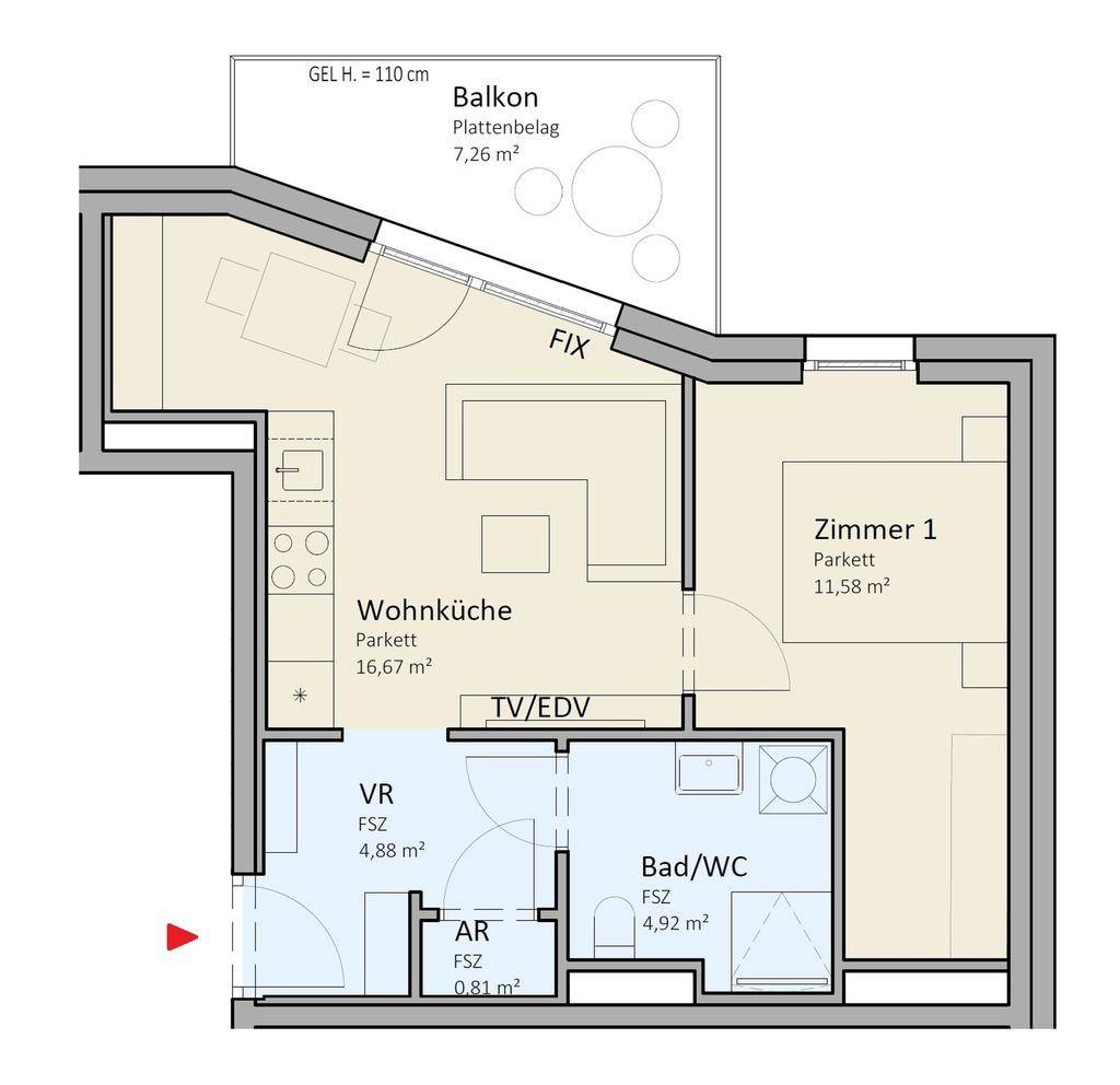Grundriss einer Wohnung mit offener Wohnküche, einem Schlafzimmer, Bad und Balkon.