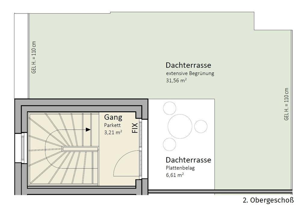 Grundriss des zweiten Obergeschosses mit Flur und zwei Dachterrassen.