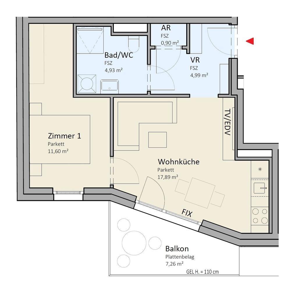 Grundriss einer Wohnung mit Wohnküche, Schlafzimmer, Bad und Balkon.