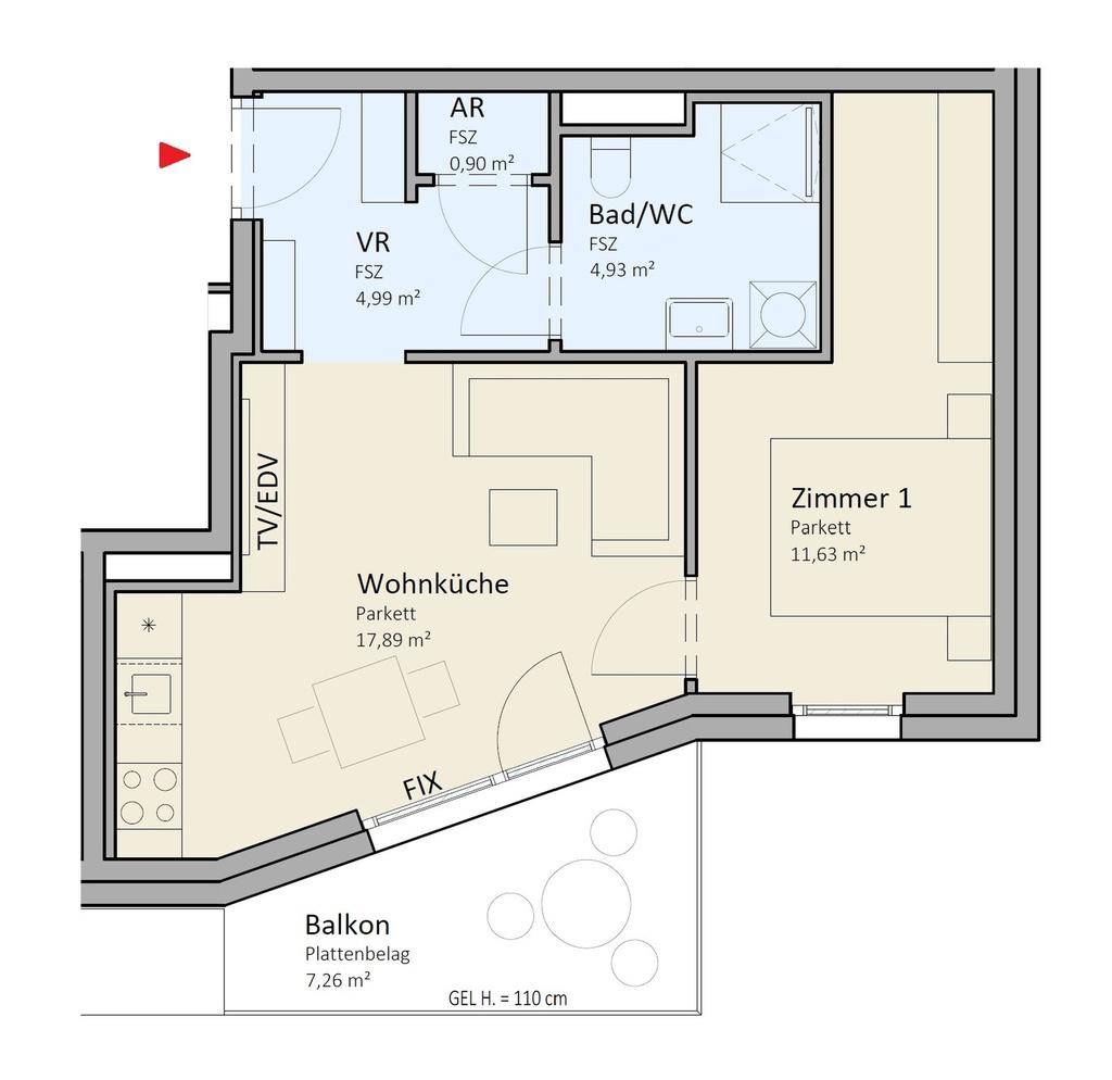 Grundriss einer Wohnung mit Wohnküche, einem Zimmer, Bad und Balkon.
