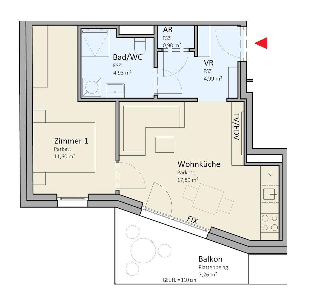 Grundriss einer Wohnung mit Wohnküche, einem Zimmer, Bad und Balkon.