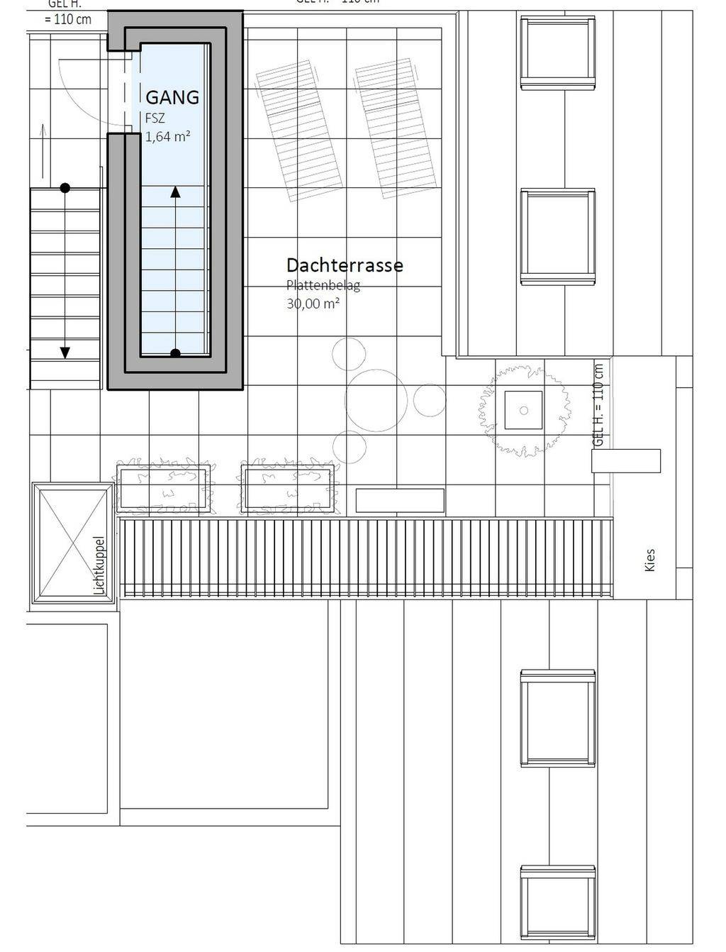 Grundriss der oberen Ebene mit Dachterrasse und Zugang über eine Treppe.