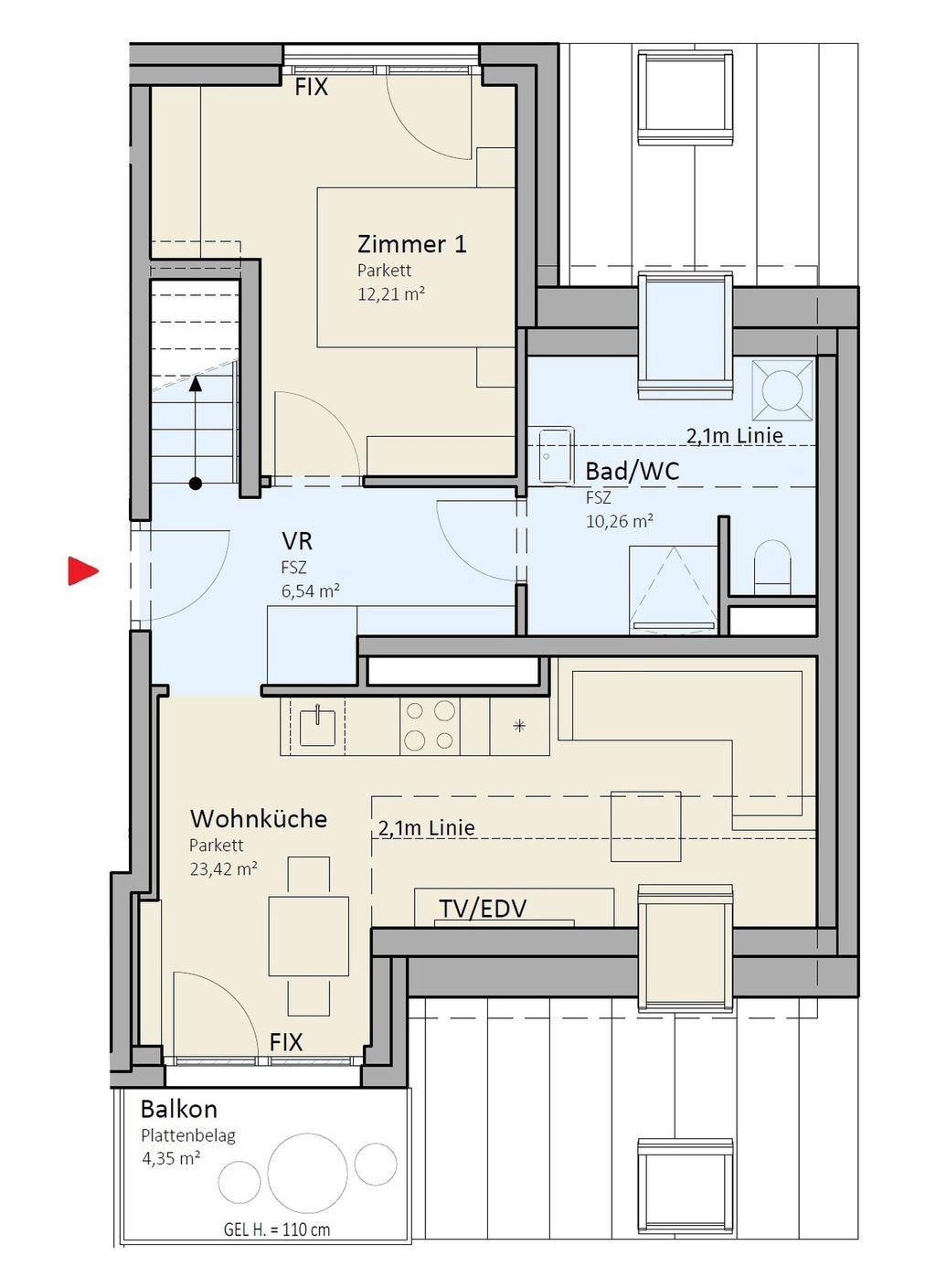 Grundriss der unteren Ebene mit Wohnküche, Schlafzimmer und Balkon.