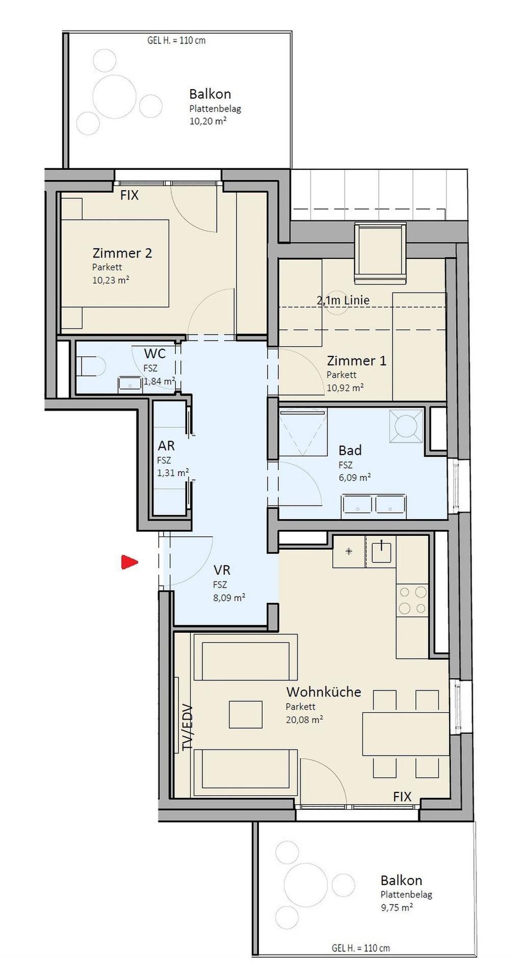 Grundriss einer Wohnung mit zwei Schlafzimmern, Wohnküche und zwei Balkonen.