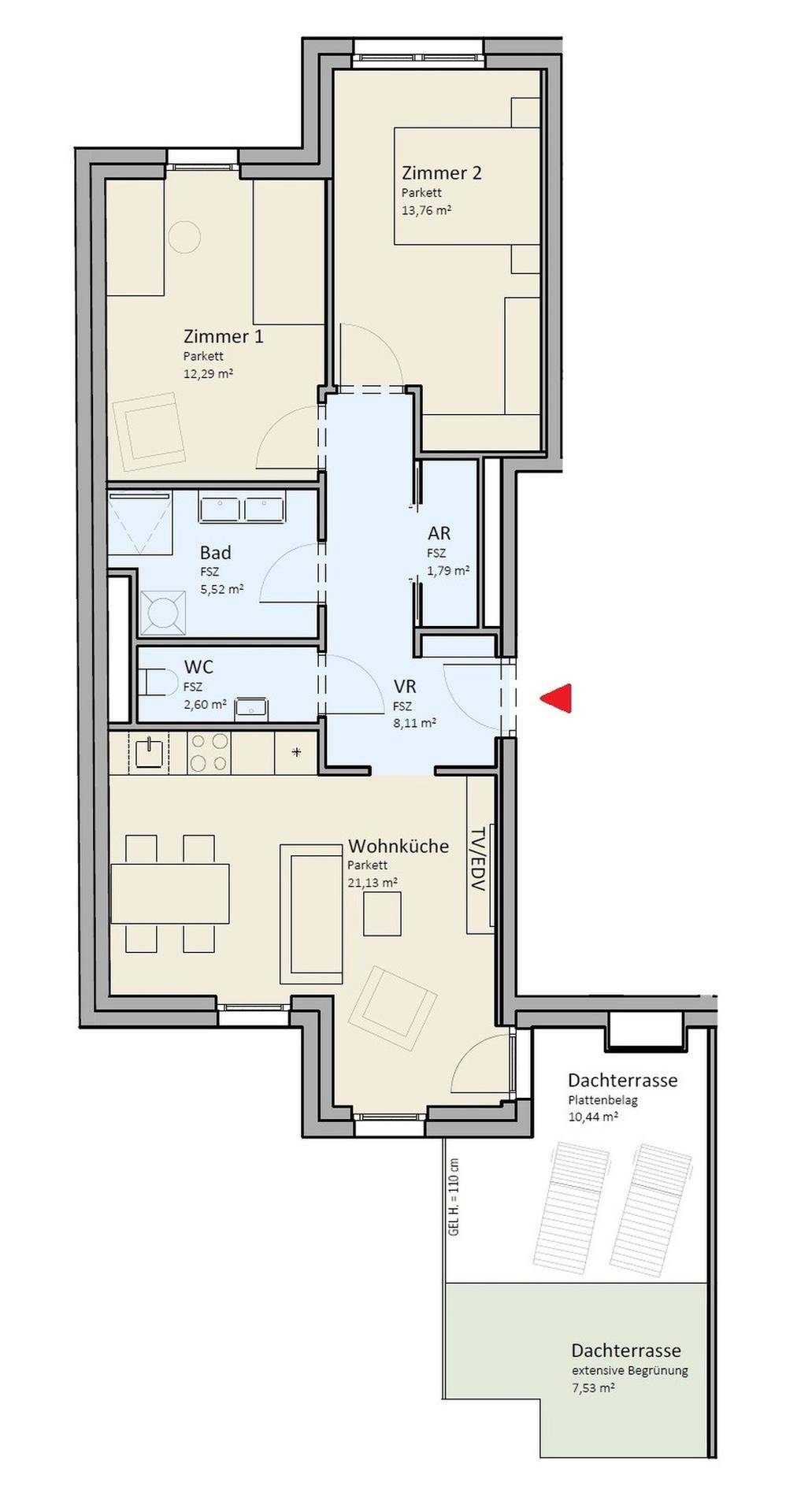 Grundriss einer Wohnung mit zwei Schlafzimmern, offener Wohnküche und einer Dachterrasse.