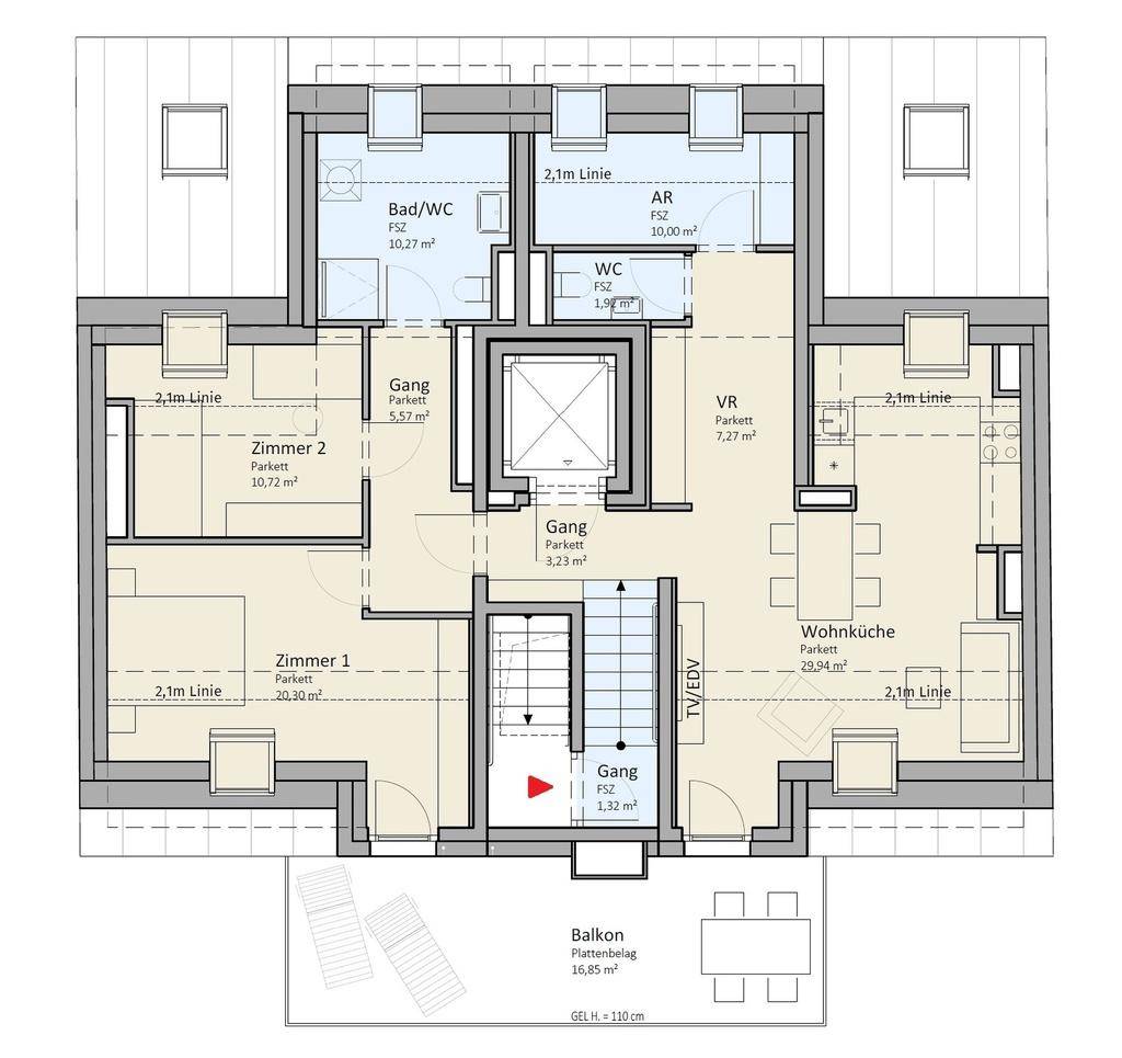 Detaillierter Grundriss einer Wohnung mit mehreren Zimmern, Bad, WC und einem großen Balkon.