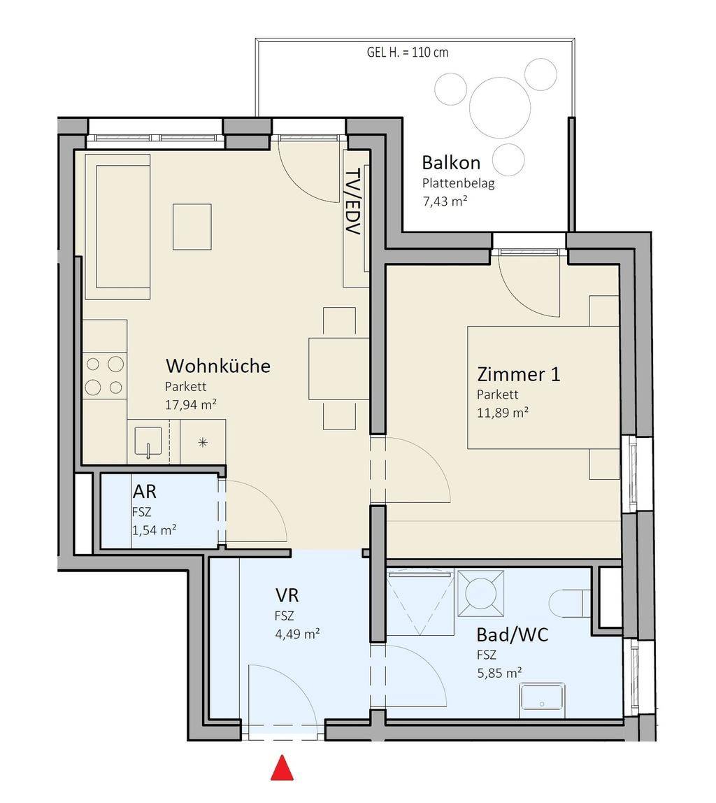 Grundriss einer Wohnung mit Wohnküche, einem Zimmer, Bad und Balkon von 7,43 m².