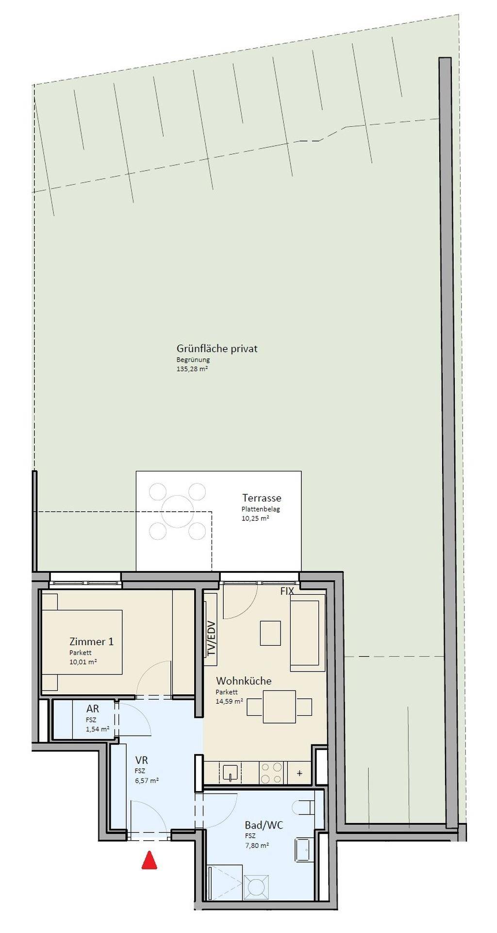 Grundriss einer Wohnung mit privater Grünfläche, Terrasse und offener Wohnküche.