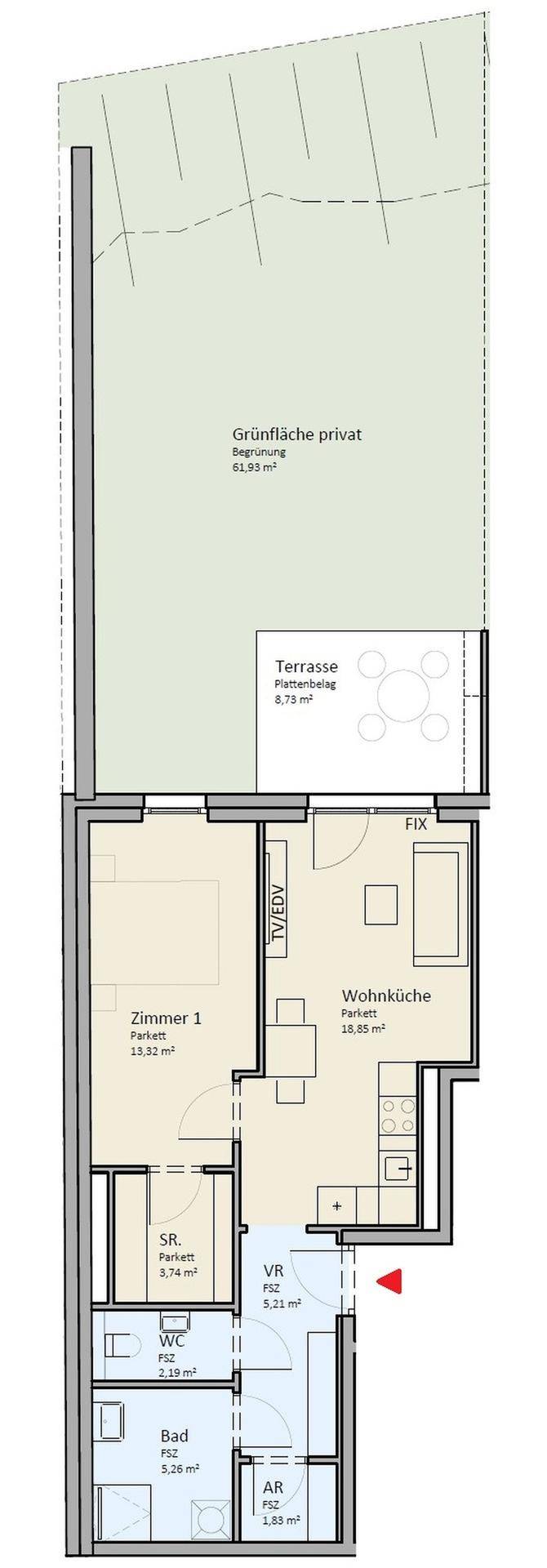 Grundriss einer Wohnung mit privater Grünfläche, Terrasse, Wohnküche und separatem WC.