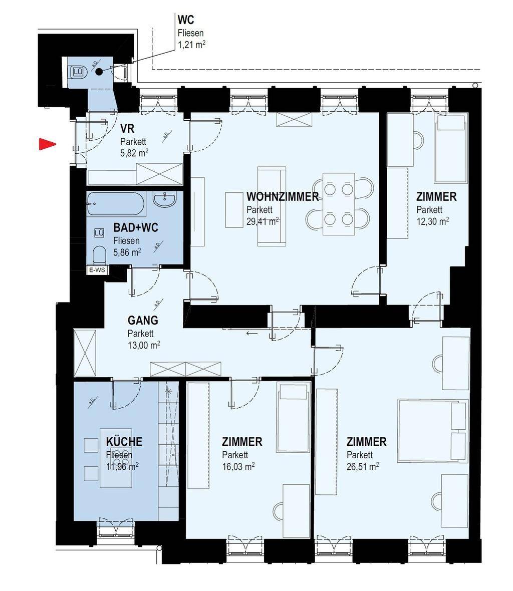 Detaillierter Grundriss einer Wohnung mit mehreren Zimmern, Küche und zwei Bädern.