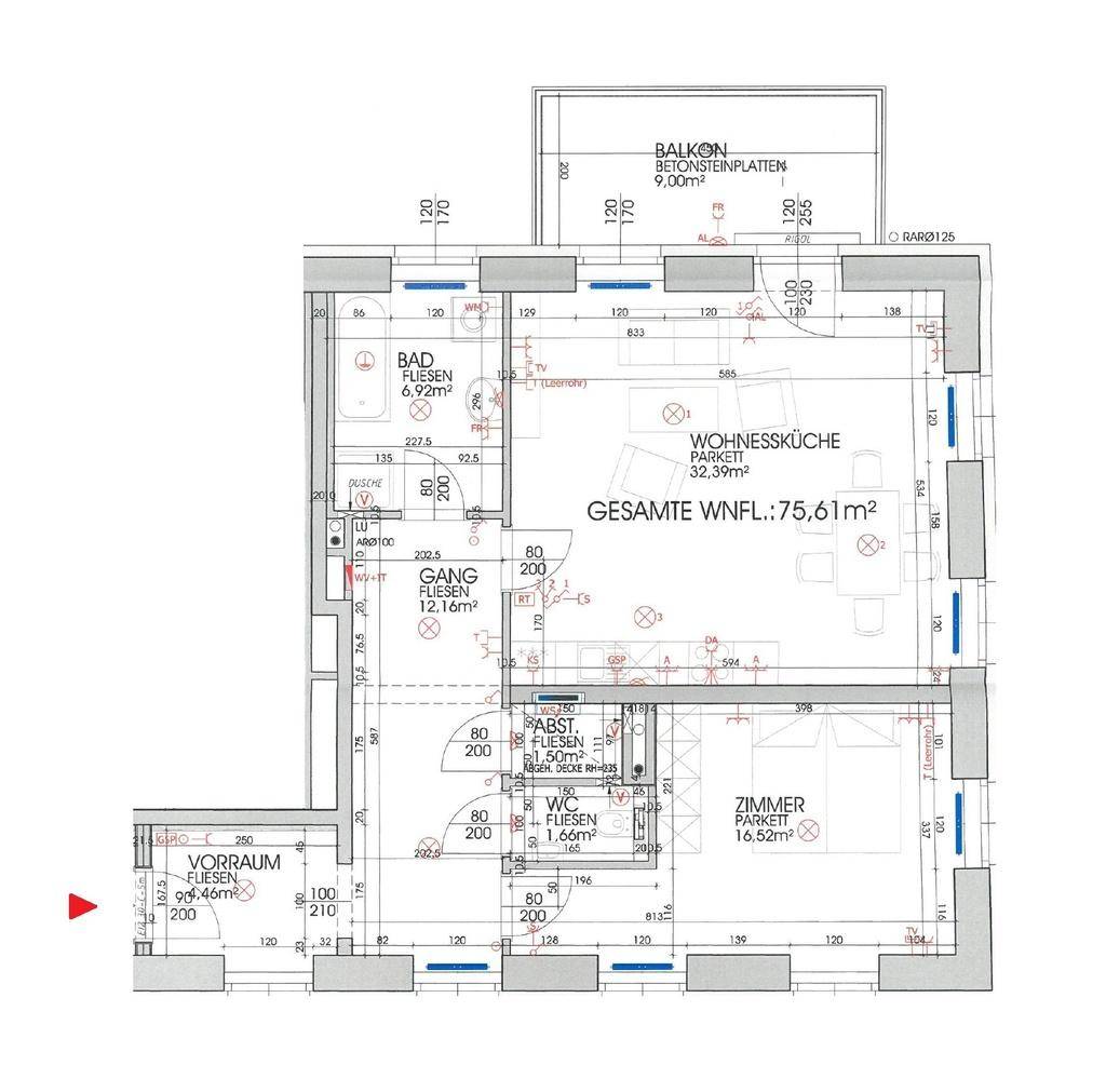Grundriss einer Wohnung mit 75,61m² Wohnfläche, Balkon und separatem WC.