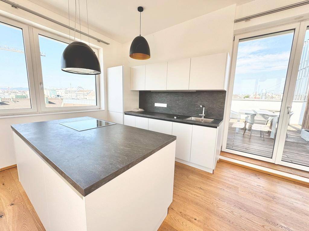 Moderne Einbauküche mit weißer Front, dunkler Arbeitsplatte, Induktionskochfeld und Zugang zur Terrasse.