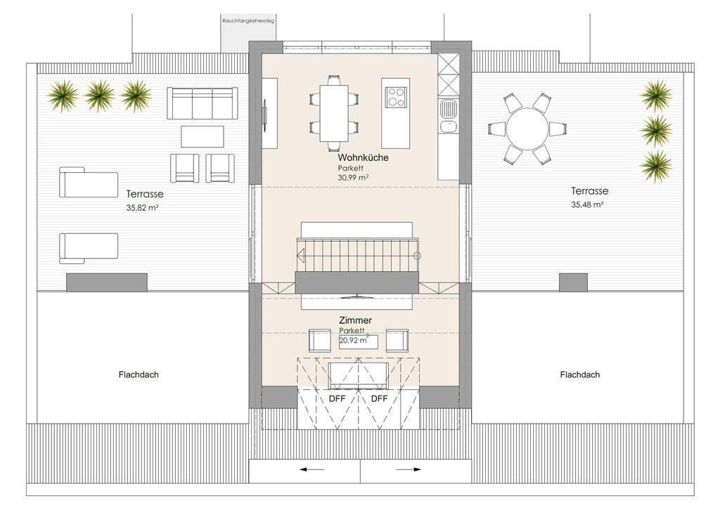 Grundriss der oberen Ebene mit Wohnküche, einem Zimmer und zwei großzügigen Terrassen.