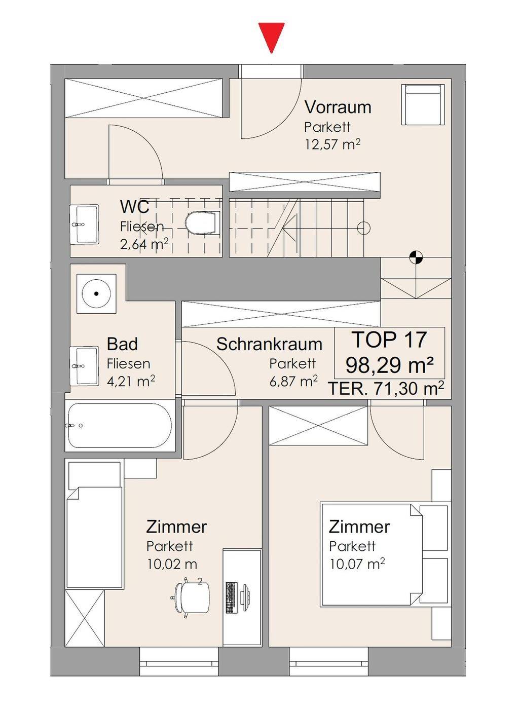 Grundriss der unteren Ebene mit Vorraum, WC, Bad, Schrankraum und zwei Zimmern.