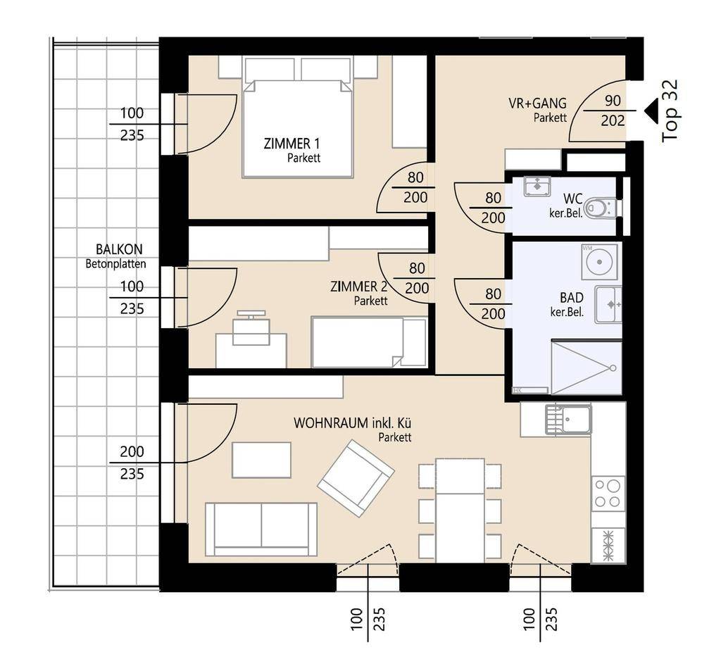 Detaillierter Grundriss mit zwei Zimmern, offenem Wohnbereich, Bad, WC und Balkon.