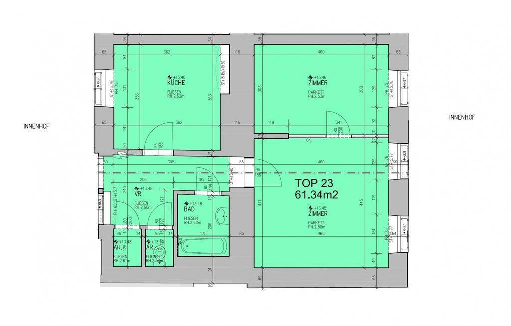 Grundriss einer Wohnung mit Küche, Bad und zwei Zimmern auf 61,34m².