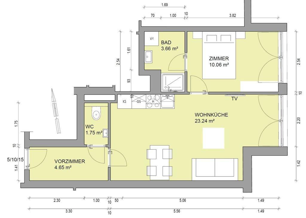 Grundriss einer Wohnung mit einem Schlafzimmer, Wohnküche, Bad und separatem WC.