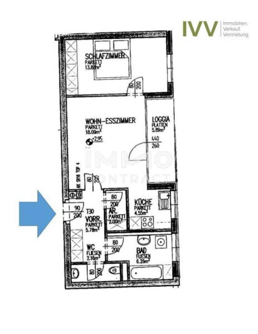 Grundriss der Wohnung mit Schlafzimmer, Wohn-Esszimmer, Loggia und Küche.