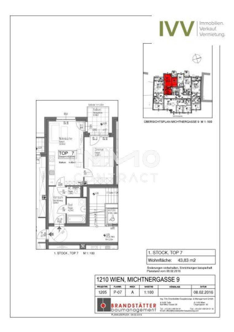 Grundrissplan für Top 7 im 1. Stock mit 43,83 m² Wohnfläche und Balkon.