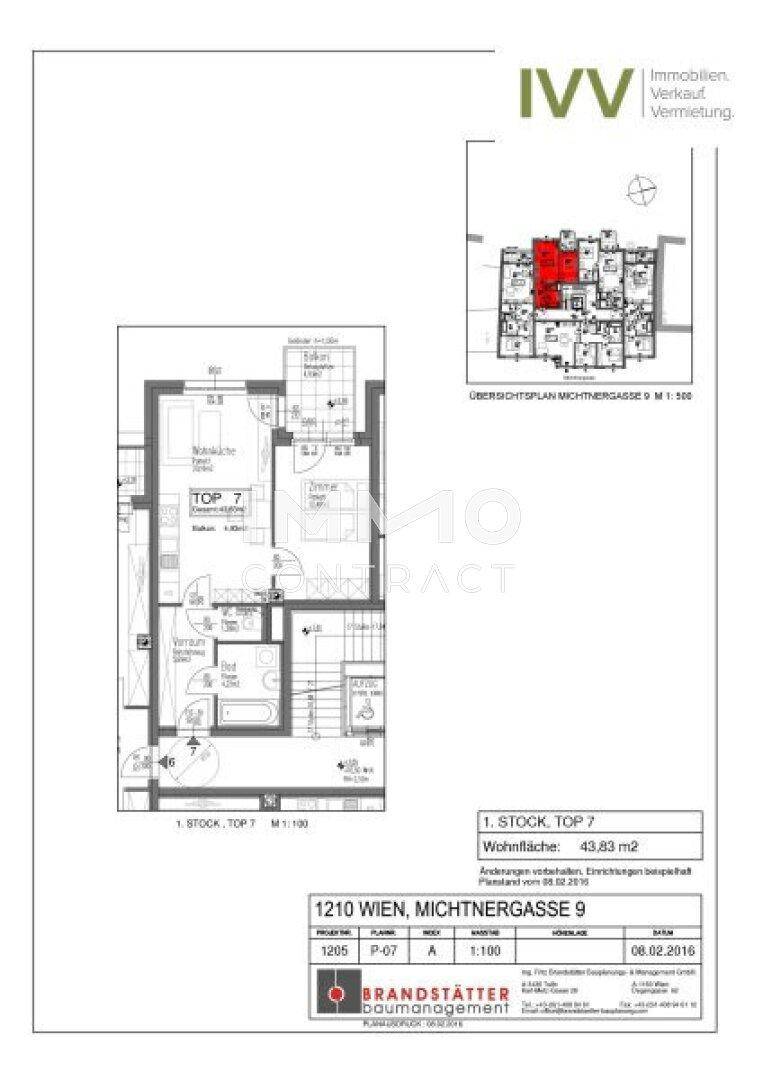 Grundrissplan einer Wohnung im ersten Stock mit 43,83 m² Wohnfläche.