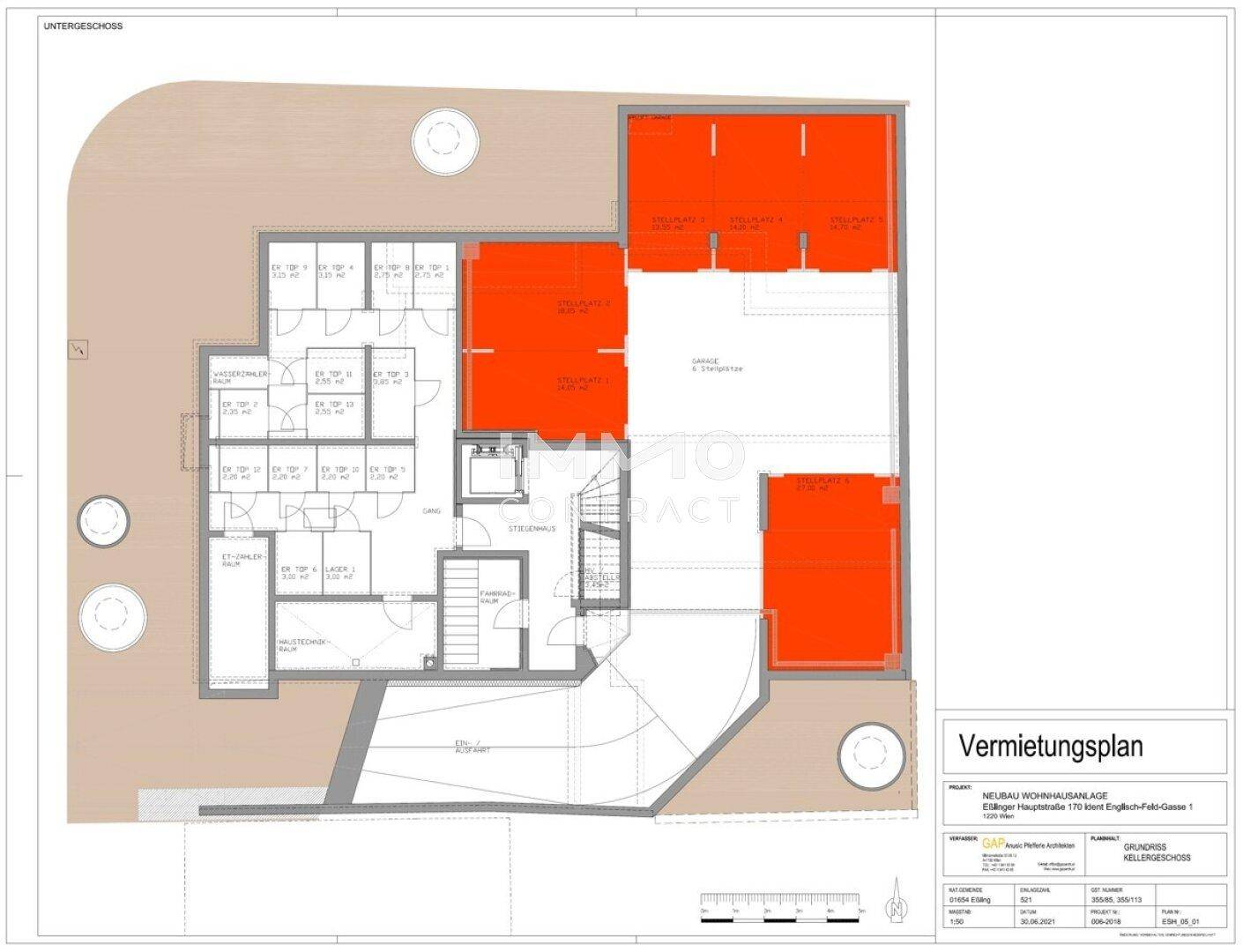 Grundriss des Untergeschosses mit Abstellräumen, Fahrradraum und Tiefgaragenstellplätzen.