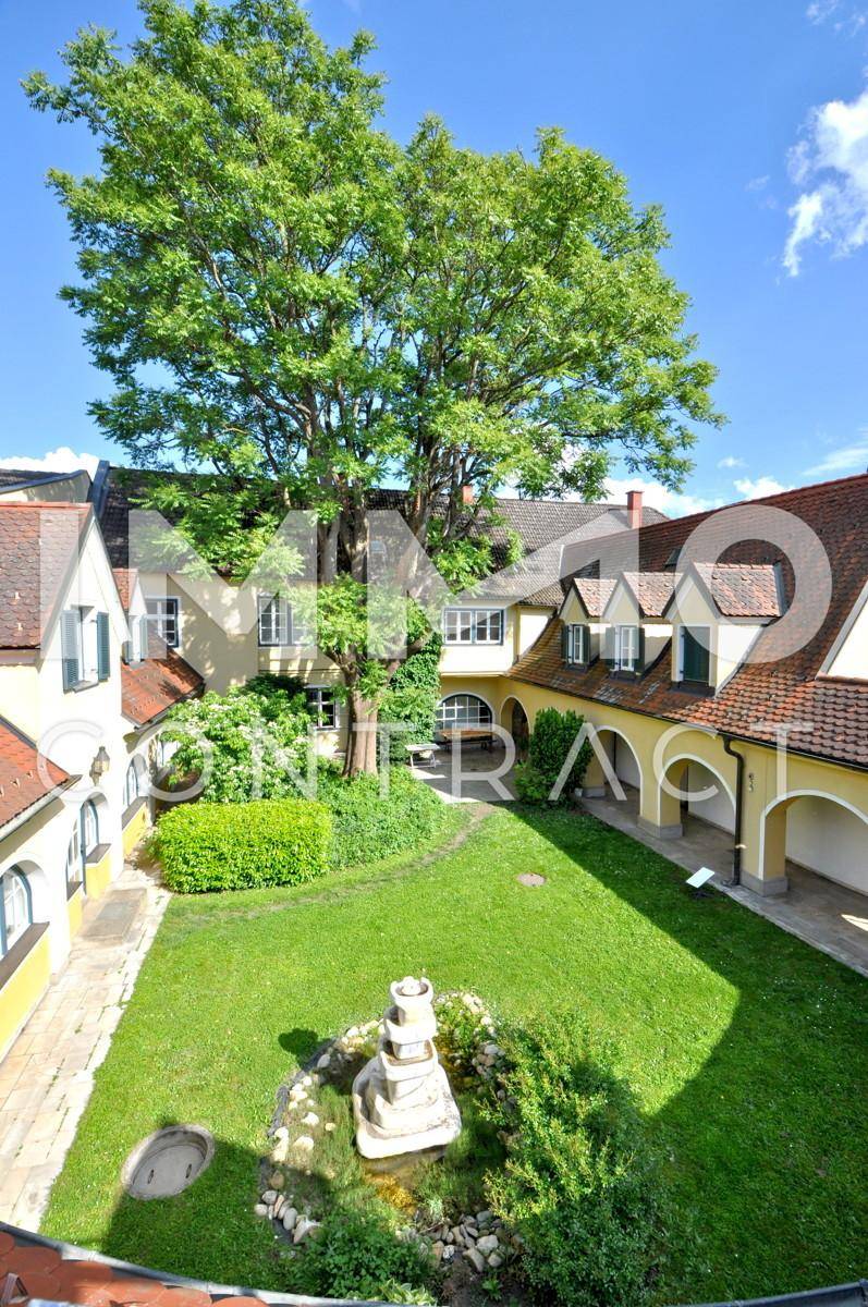 Blick in den Innehof vom Balkon mit ganzem Baum