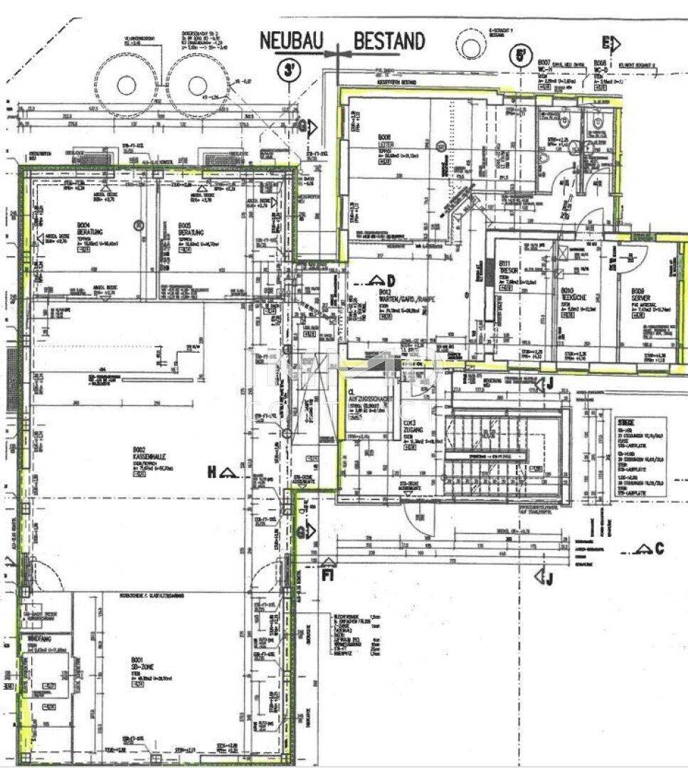 Detaillierter Grundriss eines Bürogebäudes, der die Aufteilung von Neubau und Bestand zeigt.