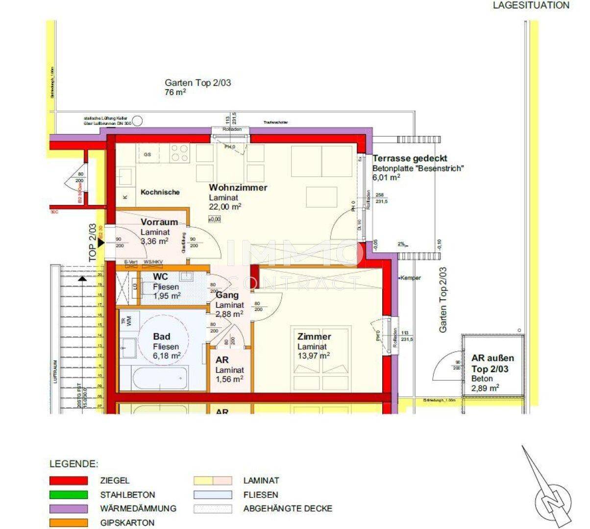 Detaillierter Grundriss der Wohnung Top 2/03 mit Wohnzimmer, Küche und Garten.