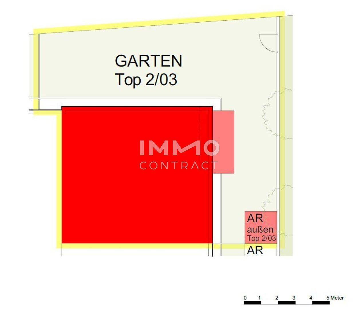 Übersicht des Gartenbereichs der Wohnung Top 2/03 mit Außenabstellraum.