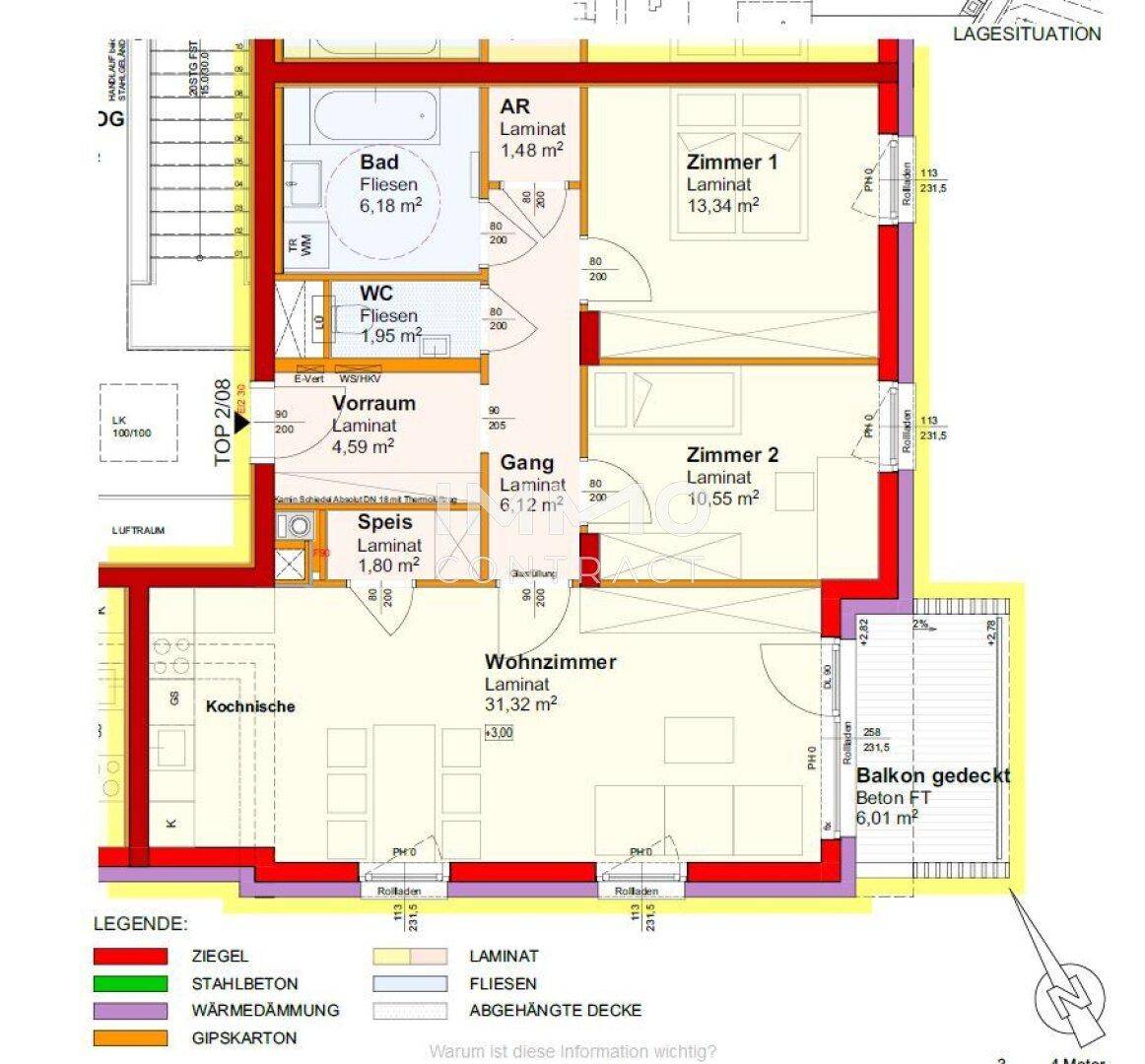 Detaillierter Grundriss einer Wohnung mit drei Zimmern, offener Wohnküche und Balkon.