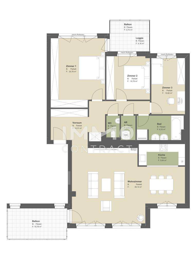Detaillierter Grundriss einer Wohnung mit drei Zimmern, Balkonen und einer Loggia.