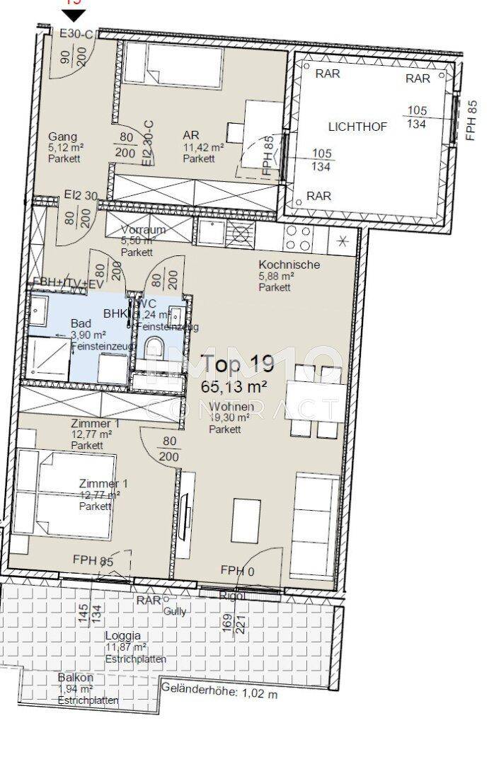 Detaillierter Grundriss einer Wohnung mit 65,13 m² Wohnfläche, Loggia und Balkon.