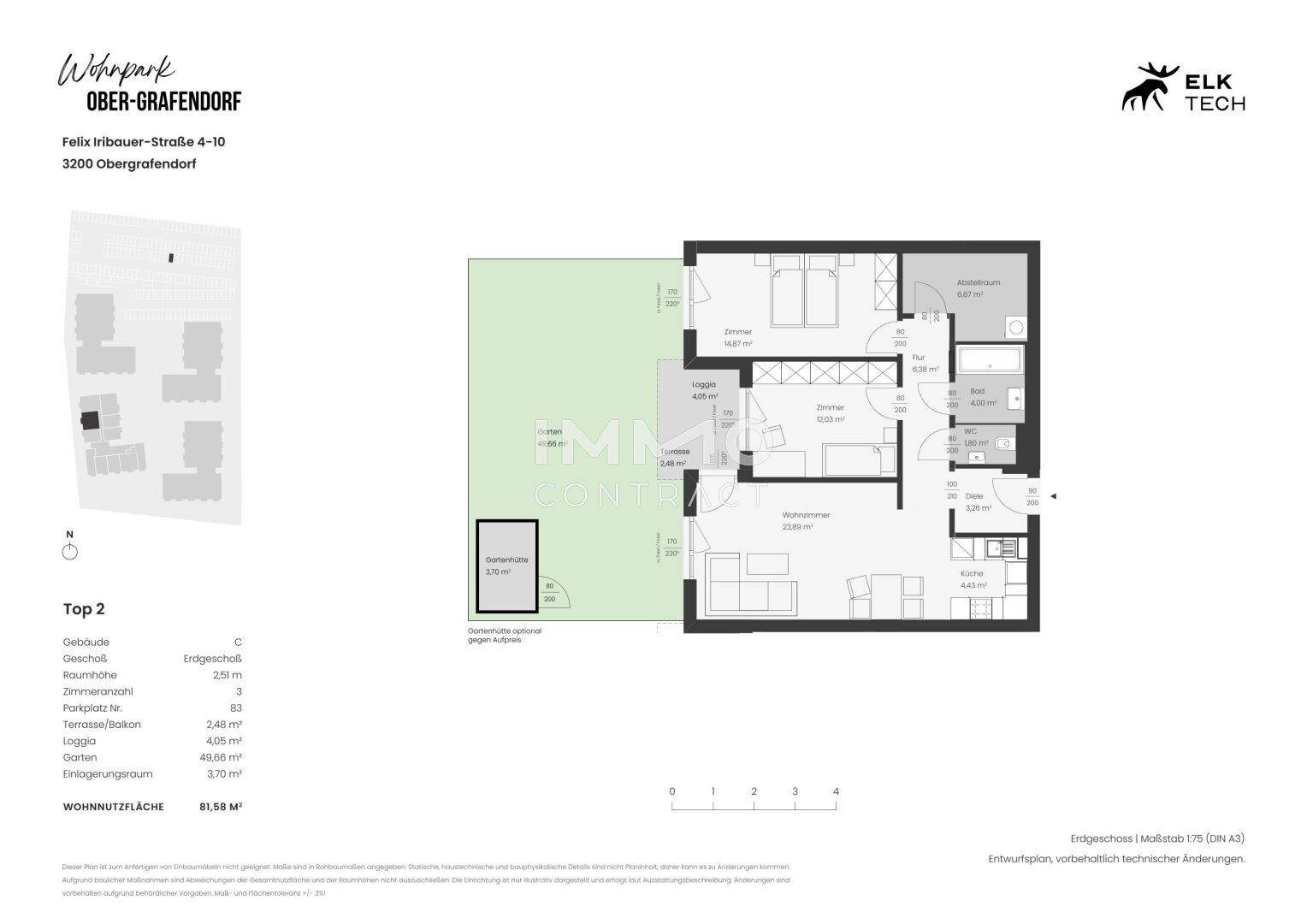 Detaillierter Grundriss einer Wohnung mit offenem Wohnbereich, Garten und Terrasse.