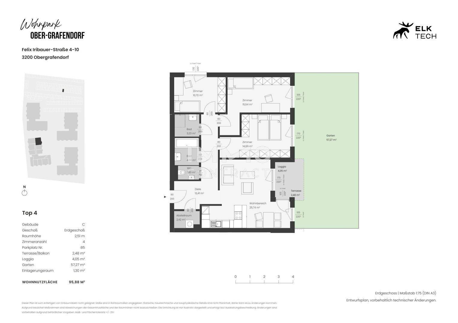 Detaillierter Grundriss einer Wohnung mit offenem Wohnbereich, Balkon, Terrasse und Garten.