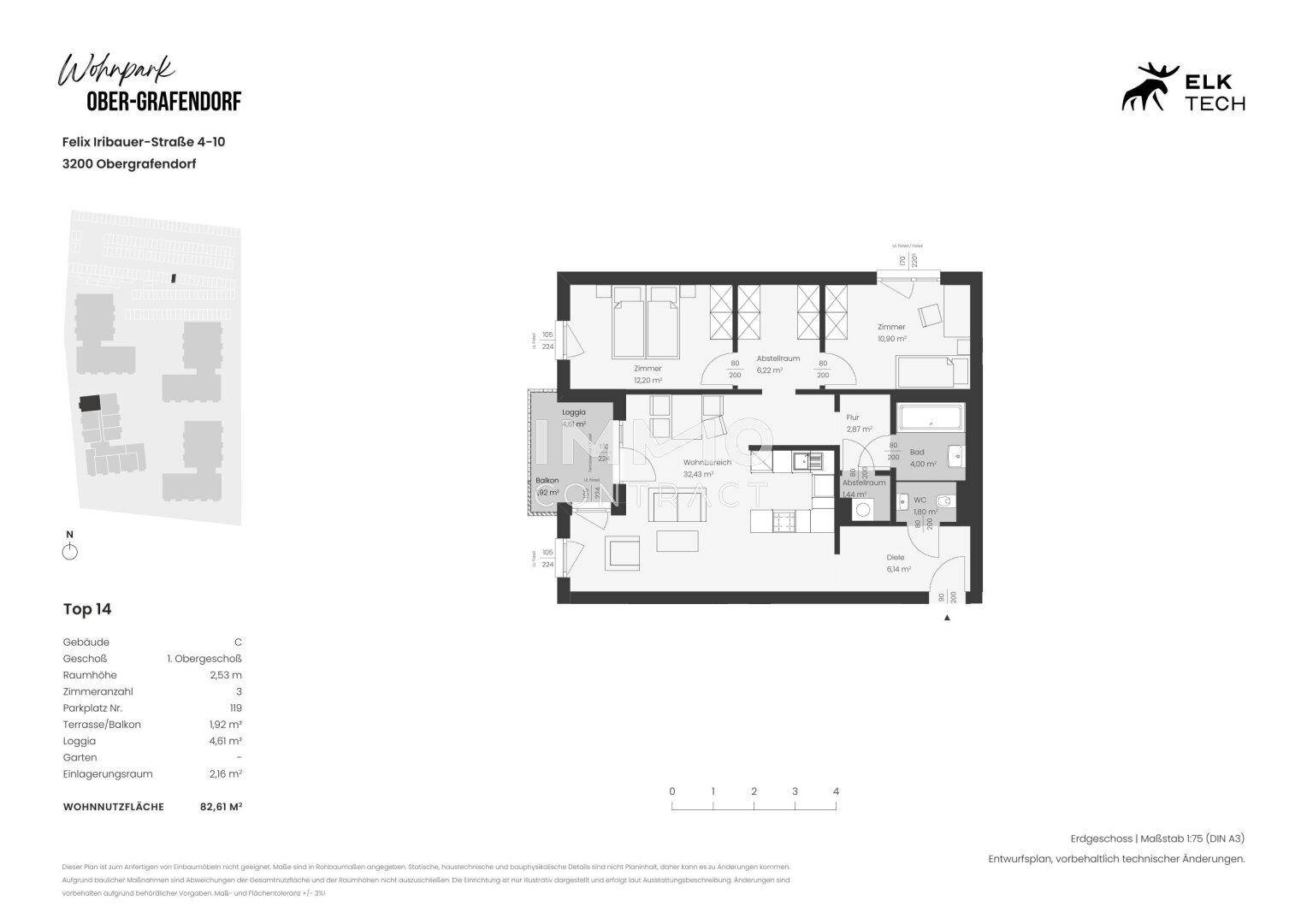 Detaillierter Grundriss einer Wohnung mit drei Schlafzimmern und Loggia.