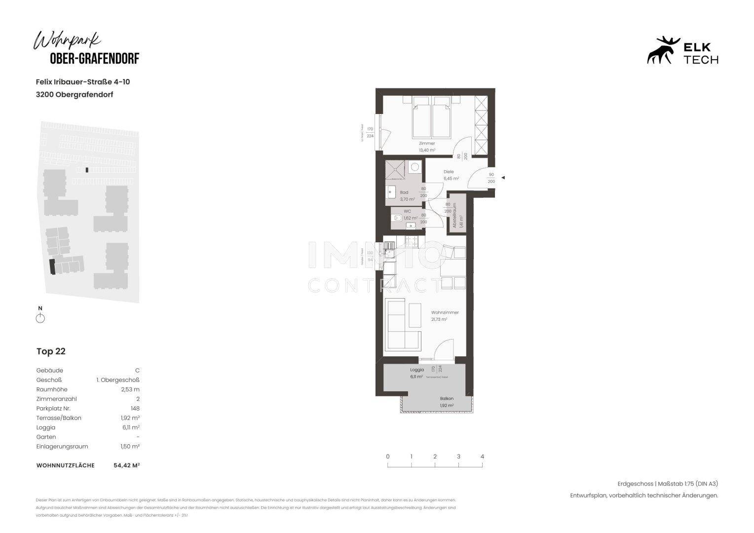 Detaillierter Grundriss einer Wohnung mit zwei Schlafzimmern und Balkon.