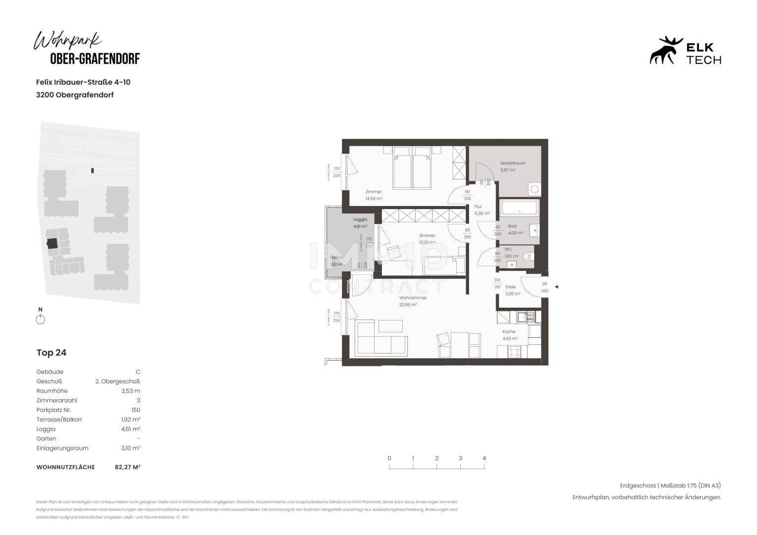 Grundriss der Wohnung Top 24 mit drei Zimmern und Balkon.